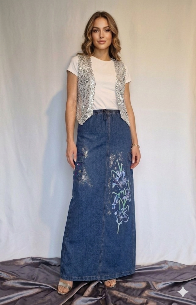 Gonna lunga in denim  IRIS TG. unica elastico in vita (PEZZO UNICO)