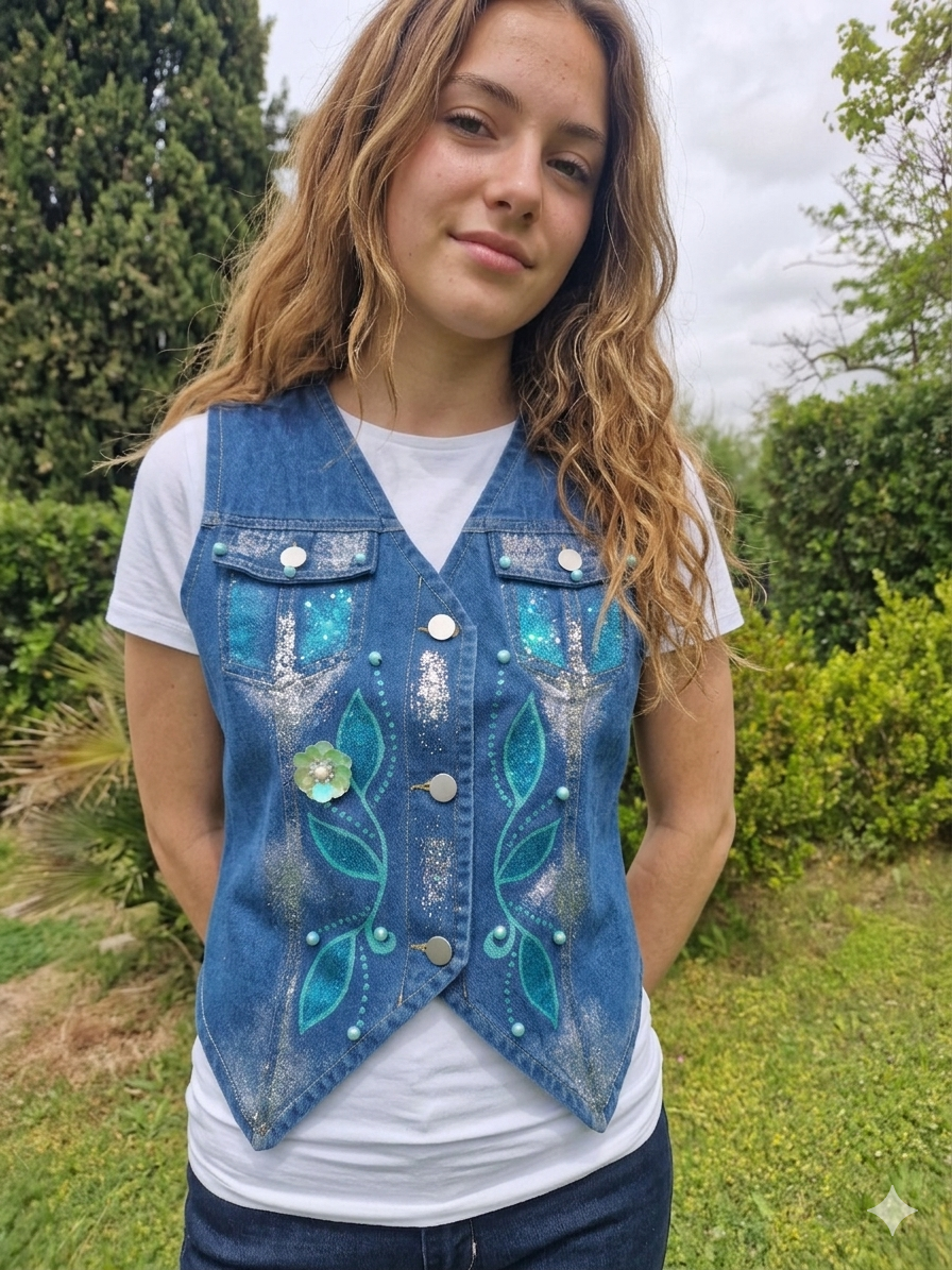 Gilet in denim Blu TURQUOISE TG. L (pezzo unico)